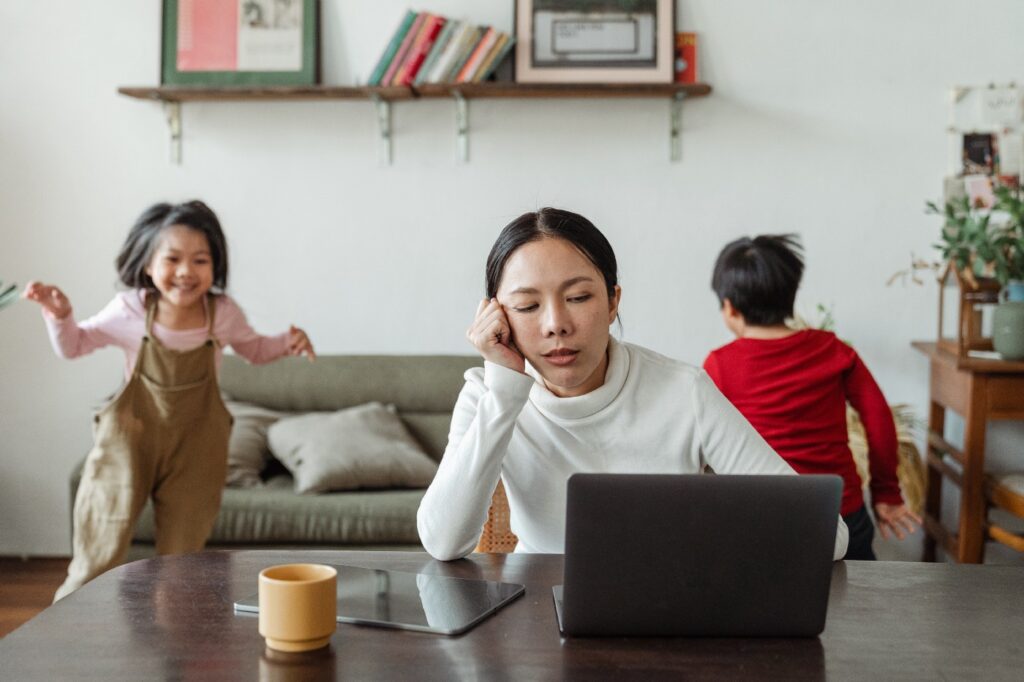 mom trying to work with kids